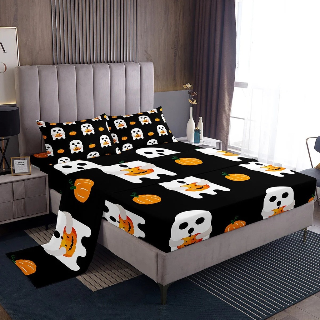 Kids Halloween Sheets Kawaii Cartoon Ghost Sheet Set Halloween Pumpkin Decorations Bed Sheets Set with Deep Pocket, Cute Shadow Print Bedding Set Twin for Boys Girls Teens, Black White