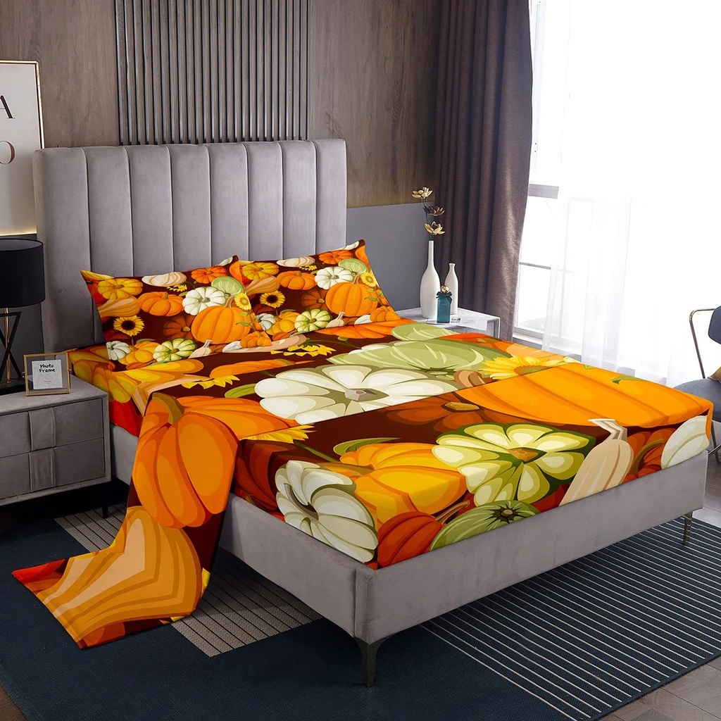 Harvest Sheet Set for Girls Women Fall Bedroom Decor Bed Sheets Set Twin Rustic Farm Pumpkin Fitted Sheet Autumn Decor Thanksgiving Day Gifts Flat Sheet Happy Fall Y'All Pumpkin Print Bedding Set