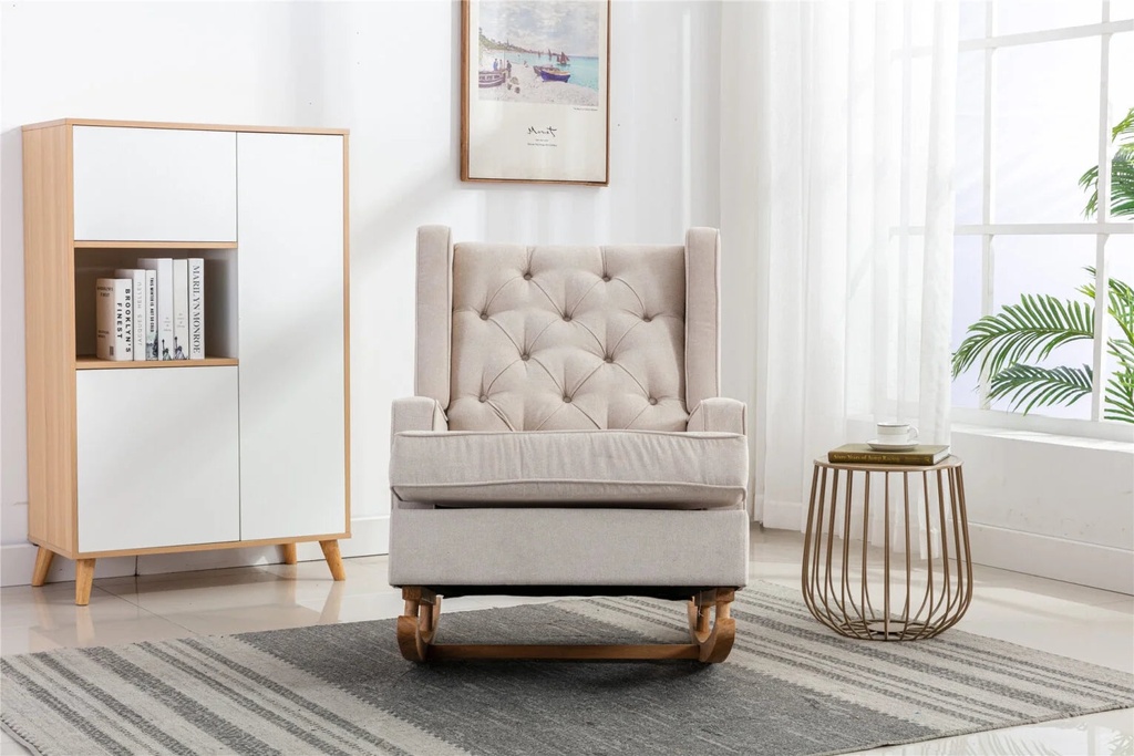 Wingback Rocking Chair with Side Pocket, Modern Upholstered Accent Chair with Arms and Solid Wood Base, Mid-Century Button Tufted Nursery Glider Rocker Armchair for Nursery Living Room, Beige