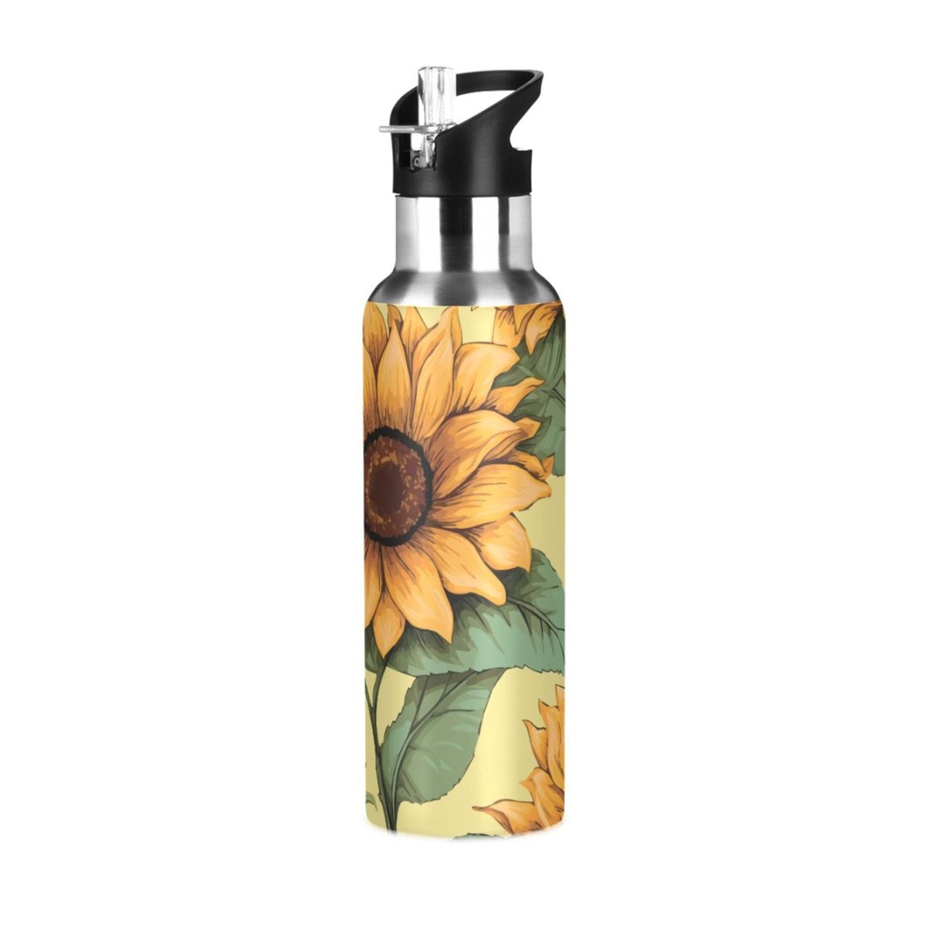 Water Bottle with Straw Lid Leak Sunflowers on Yellow Stainless Steel Insulated Thermos Vacuum Flask for Cold Hot Drinking for Sports Camping Gym Yoga