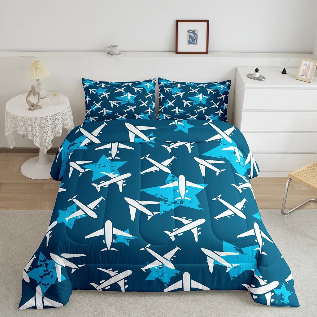 Boys Airplane Twin Comforter Set for Kids Cartoon Aircraft Print Bedding Cartoon Jet Planes Bedding Comforter Sets for Youth Adults,Vintage Grunge Stars Pattern Duvet Insert Navy Blue Room Decor