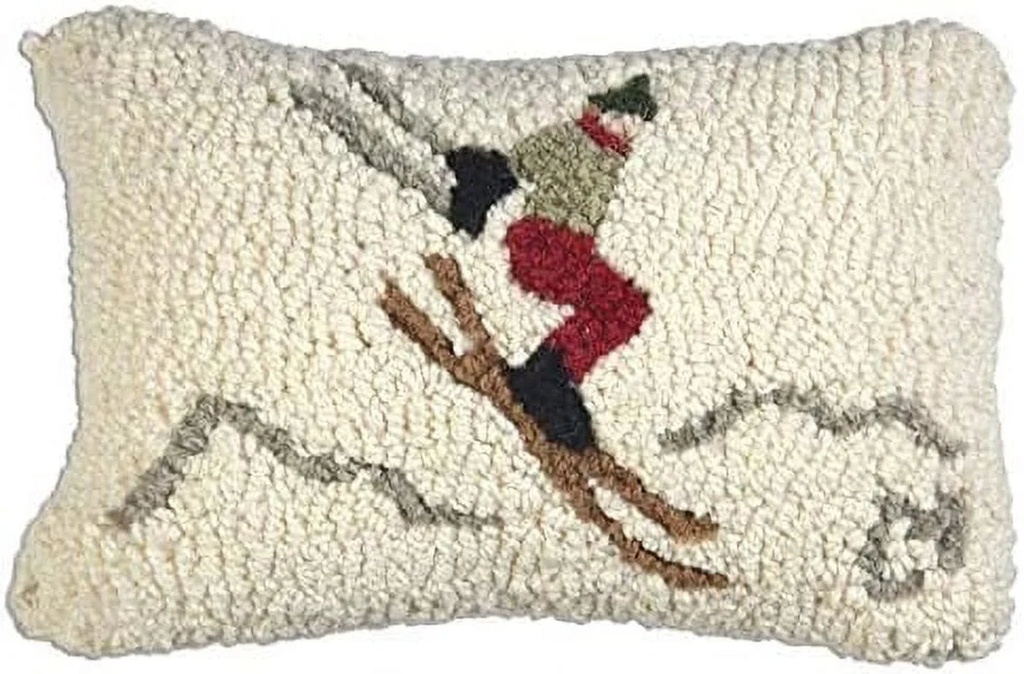 Chandler 4 Corners Hand-Hooked Wool Decorative Throw Pillow | Artist-Designed Yippee Ski Jumper Pillow, Winter Ski Pillow for Couches, Beds, Cabins & Lodges (8 in X 12 In)
