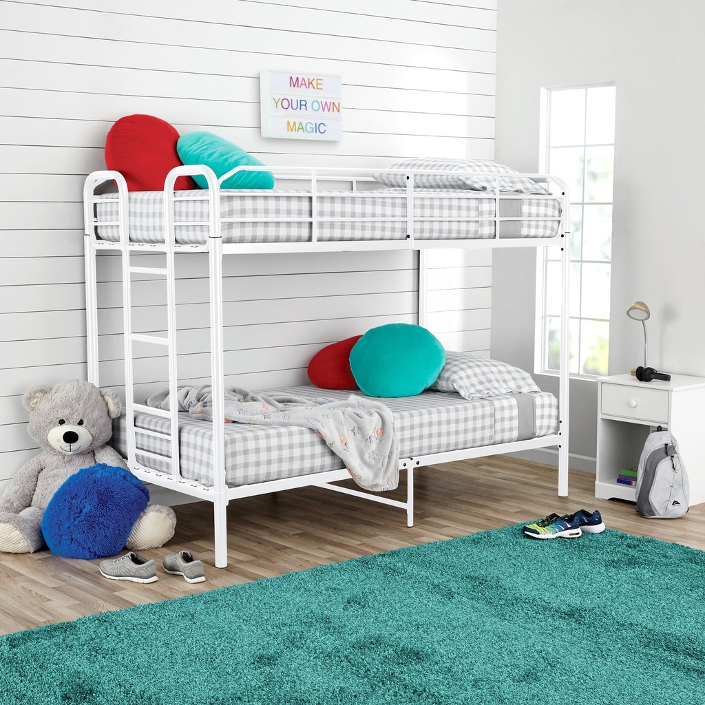 Your Zone Kids Metal Twin over Twin Quad Bunk Bed with Ladder and Guardrails, White