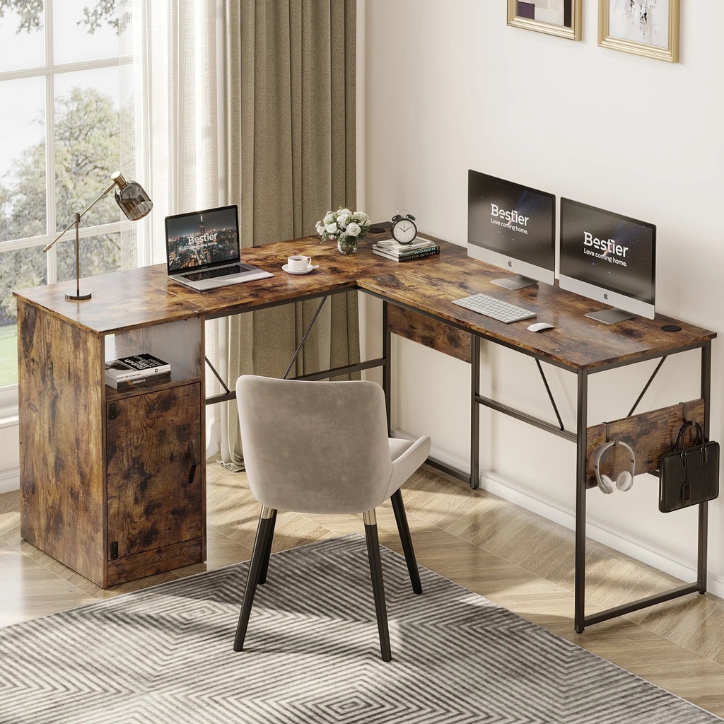Bestier L Shaped Desk - 95" Corner Computer Desk with Storage Cabinet for Home Office, Rustic