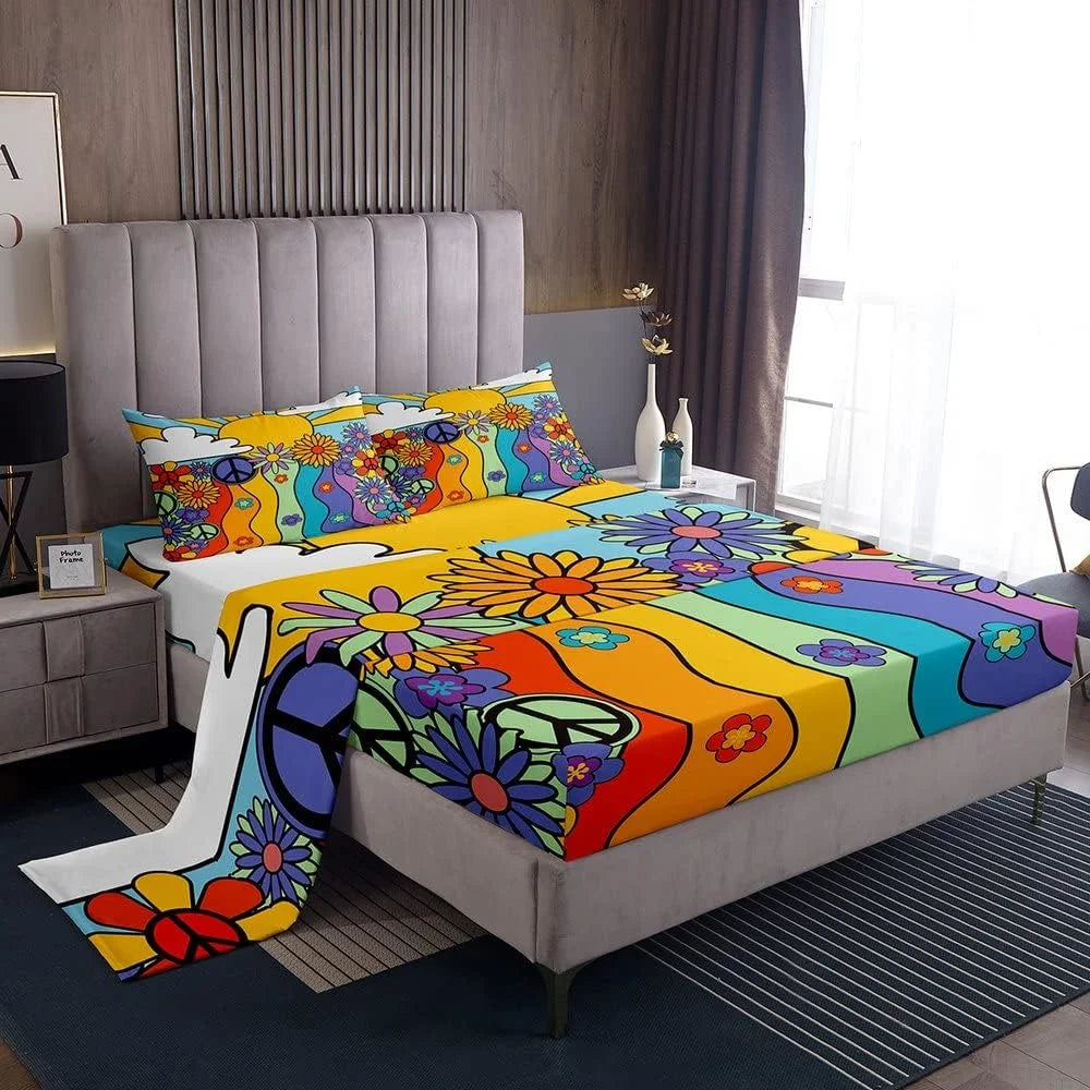 YST 70S Groovy Flower Sheet Set Sun Moon Peace Sign Bed Sheets,Adults 60S Flower Power Fitted Sheet Rural Pastoral Top Sheet Twin,Women Halloween 1960'S 1970'S Hippie Disco Indie Room Decor