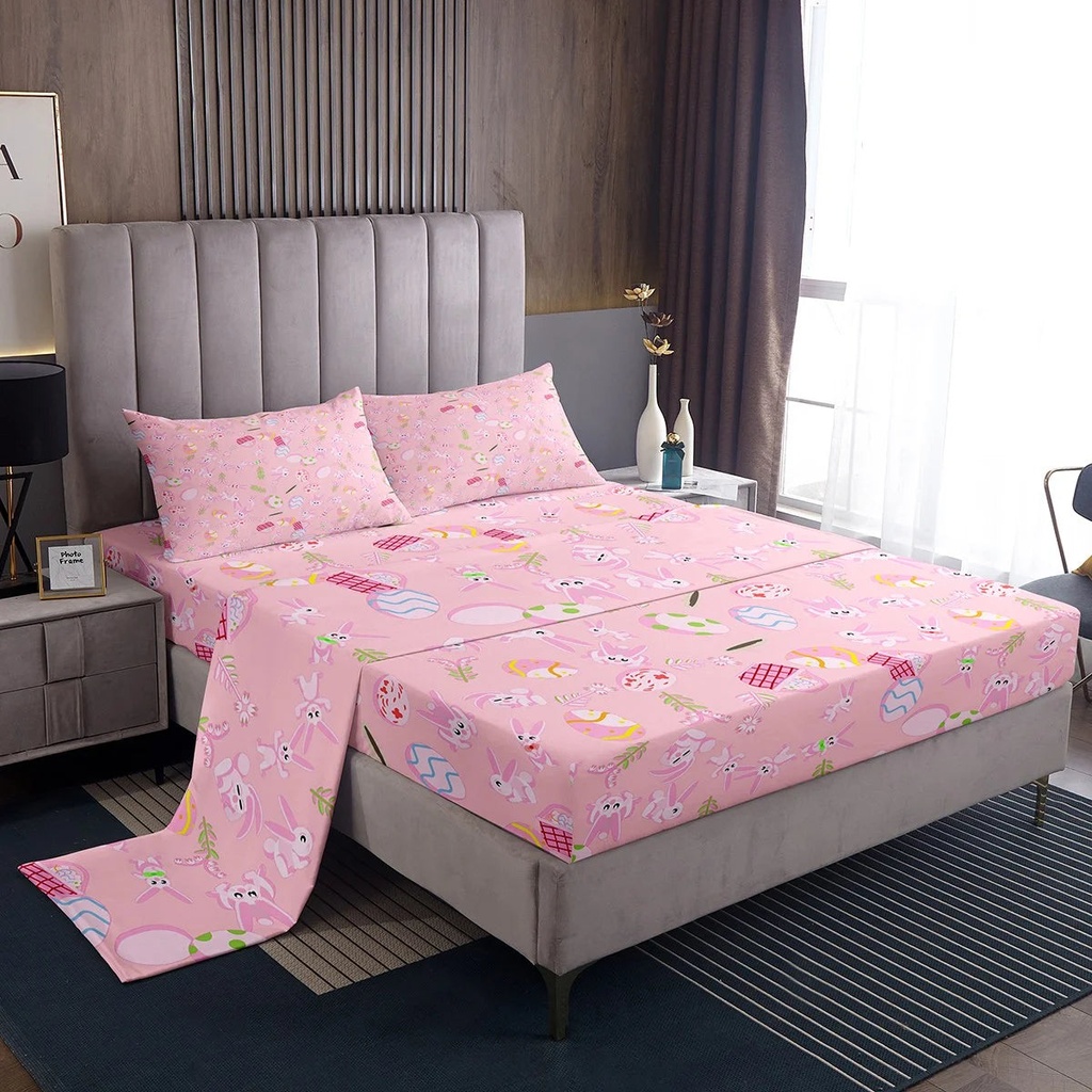 YST Kids Kawaii Rabbit Sheet Set Twin Easter Eggs Pink Bedding Set for Girls Cute Animal Bed Sheets Easter Gift,Cartoon Floral Botanical Fitted Sheet + Flat Sheet + 1 Pillow Case