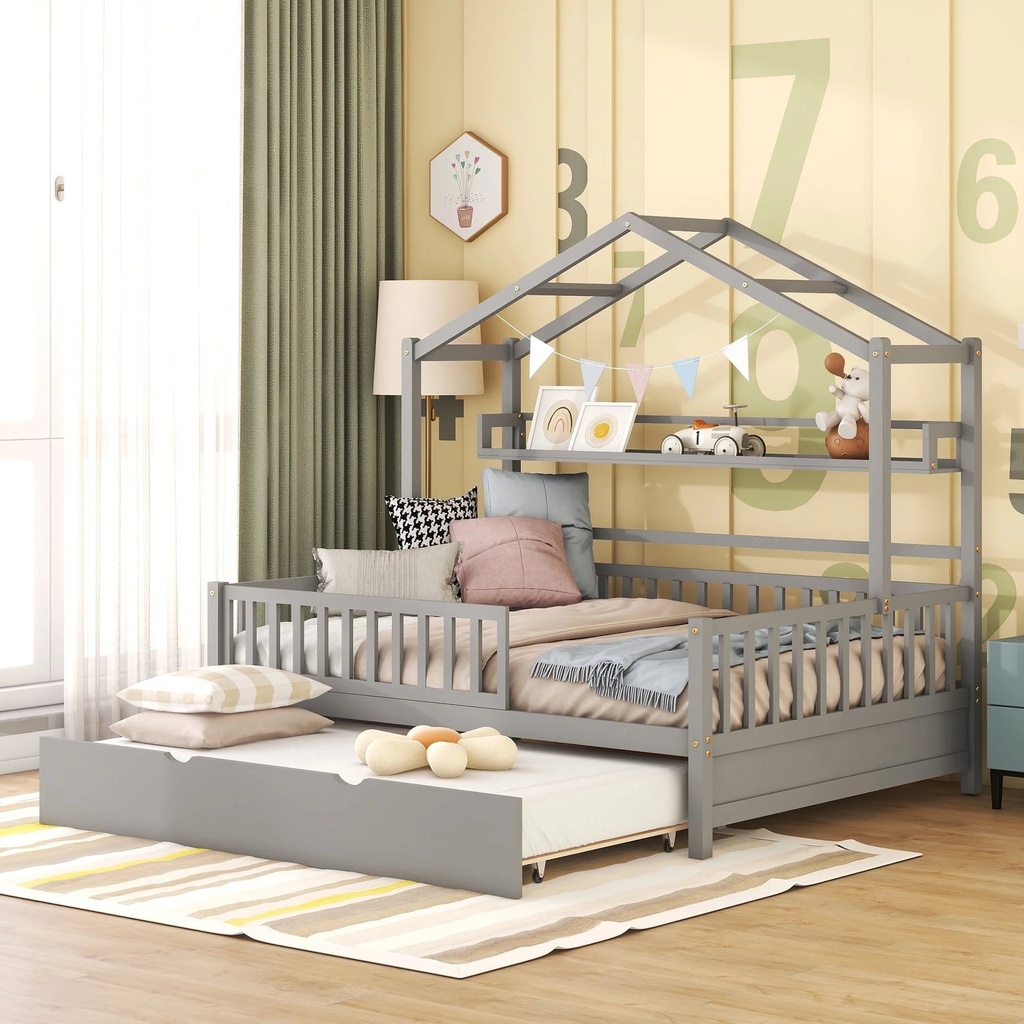 Bellemave House Bed with Trundle, Wood Montessori Bed with Storage Shelves, Kids Full Size Bed Frame with Fence Railings for Toddlers Girls Boys (Full, Gray)