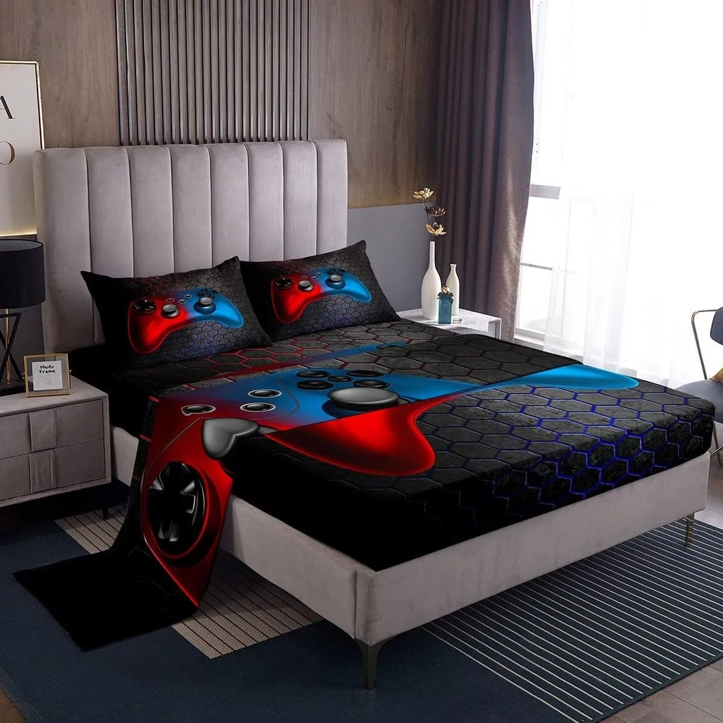 YST Gaming Fitted Sheet for Boys, Gamer Bed Sheets Twin Size Video Game Sheet Set for Kids Girls Adult, Gamepad Top Flat Sheet Gamer Room Decor for Teen Boys 3 Pieces with 1 Pillow Case