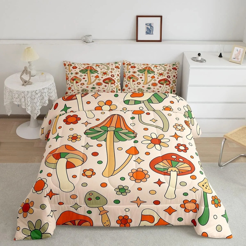 YST Retro 60S 70S Groovy Flower Comforter Set,Cartoon Mushroom Bedding Set Twin,Funky 1960 1970 Floral Quilt Set,Cute Country Plants Artwork Duvet Insert with 1 Pillowcase Warm