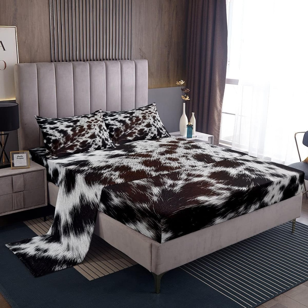 Brown Cowhide Bedding,Aztec Black White Aztec Cow Print Bed Sheet Set Twin,Western Farm Animal Bed Sheets for Kids Boys Girls Men Women,Rustic Cowboy Cow Fitted Sheet & Flat Sheet 3 Pcs