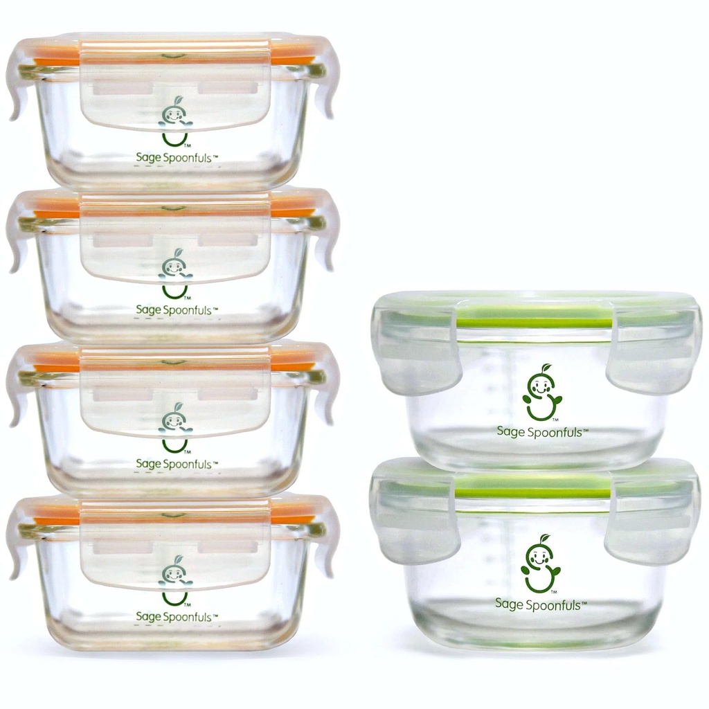 Sage Spoonfuls Glass Baby Food Containers with Lids - 6 Pack, 4 Oz & 7Oz Baby Food Jars, Durable, Leakproof, Airtight, Freezer Storage, Reusable Glass Baby Food Containers, Microwave & Dishwasher Safe