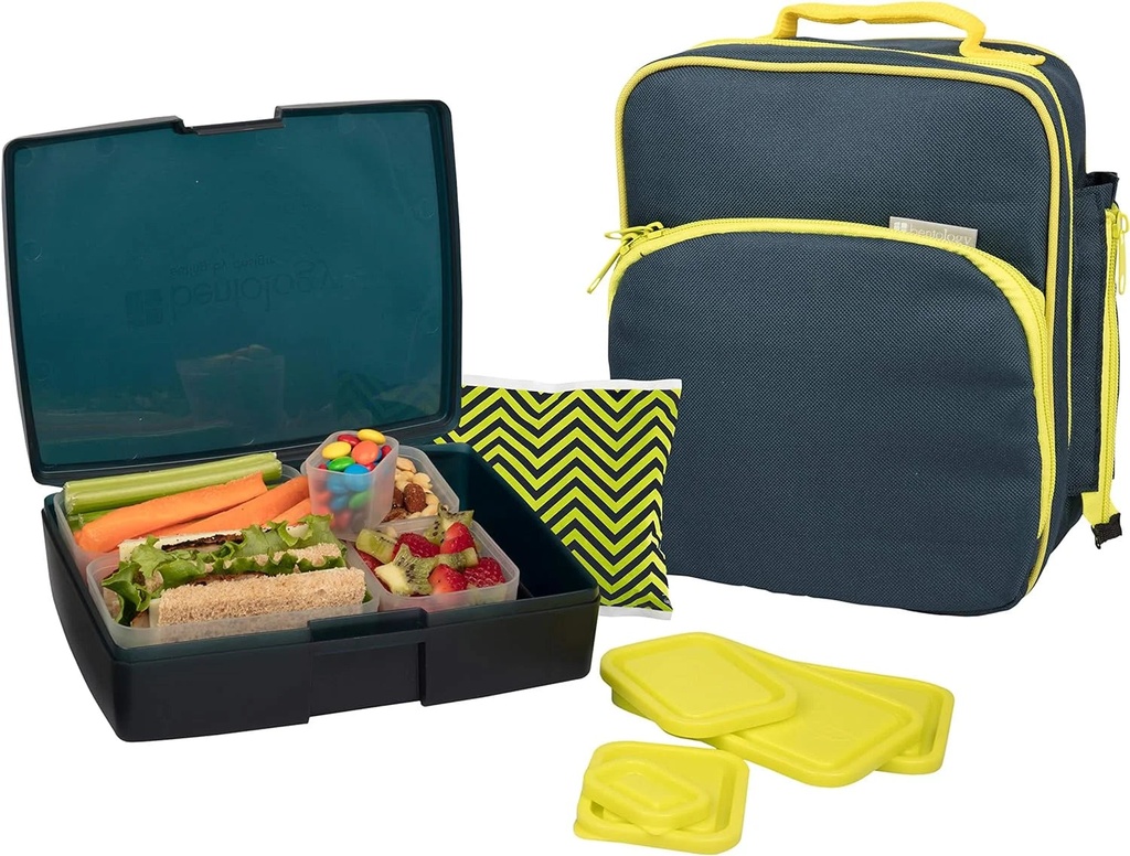 Bentology Lunch Bag and Box Set for Boys, 9 Pieces Total - Kids Insulated Lunchbox Tote, Bento Box, 5 Containers and Ice Pack - Midnight