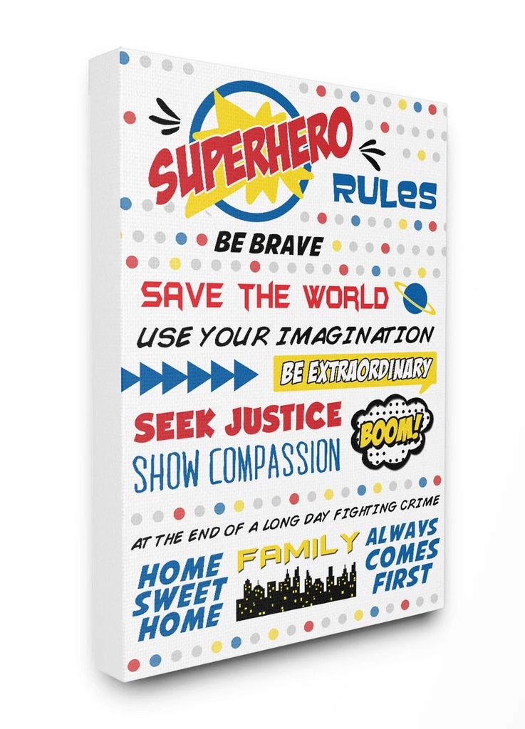 The Kids Room by Stupell Comic Book Dots Super Hero Rules Typography Stretched Canvas Wall Art, 16 X 1.5 X 20