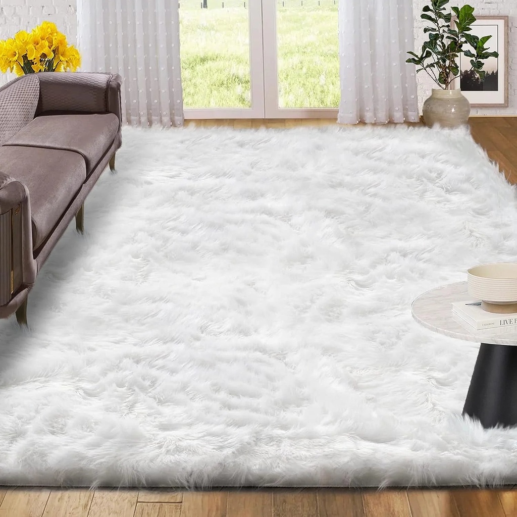 Sanmadrola Faux Sheepskin Area Rugs Fluffy Shaggy Rug Ultra Soft Faux Fur Carpets Rug Fluffy Washable Rug for Bedroom, Nursery Room,Luxury Living Room Decor White 4X6 Ft