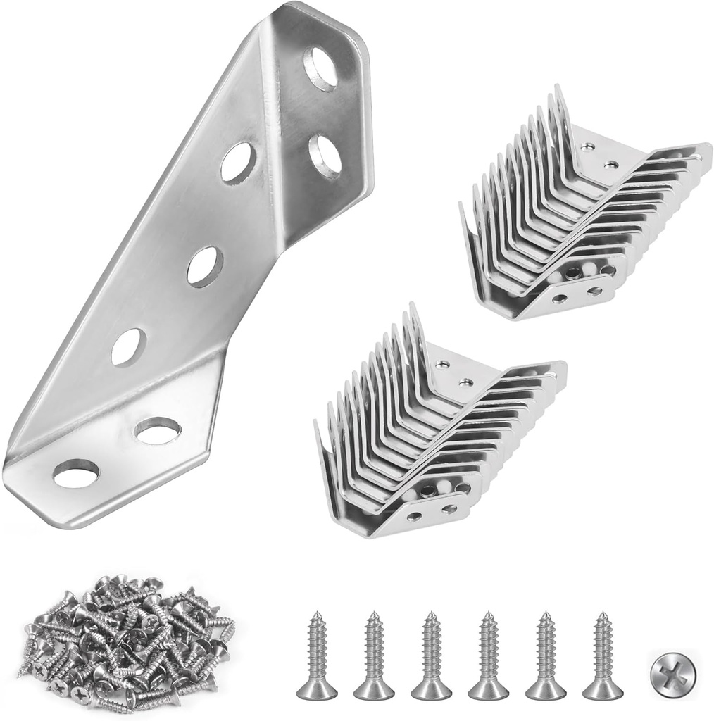 Plusroc 12-Pack Universal Stainless Steel Furniture Corner Connectors with Screws - Heavy Duty Triangular Support Brackets for Wood Furniture, Drawers, Cabinets, Tables, and Chairs