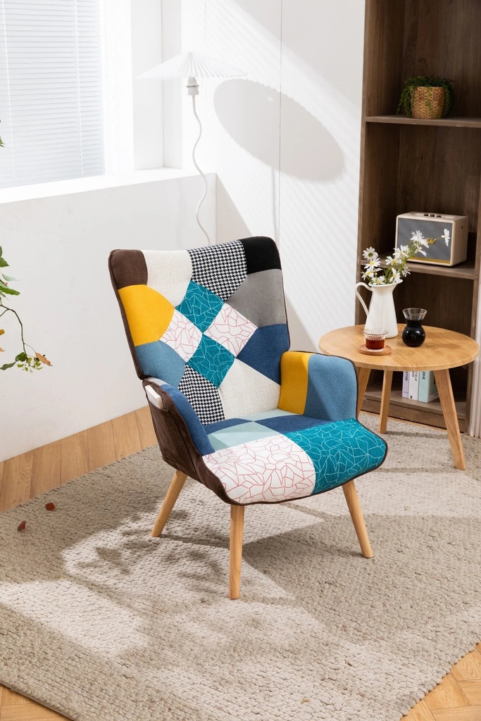 Patchwork Accent Chair, Linen Upholstered Armchair with Side Pockets, Wingback Chair for Living Room, Reading Room, Bedroom, Easy to Assemble, Blue