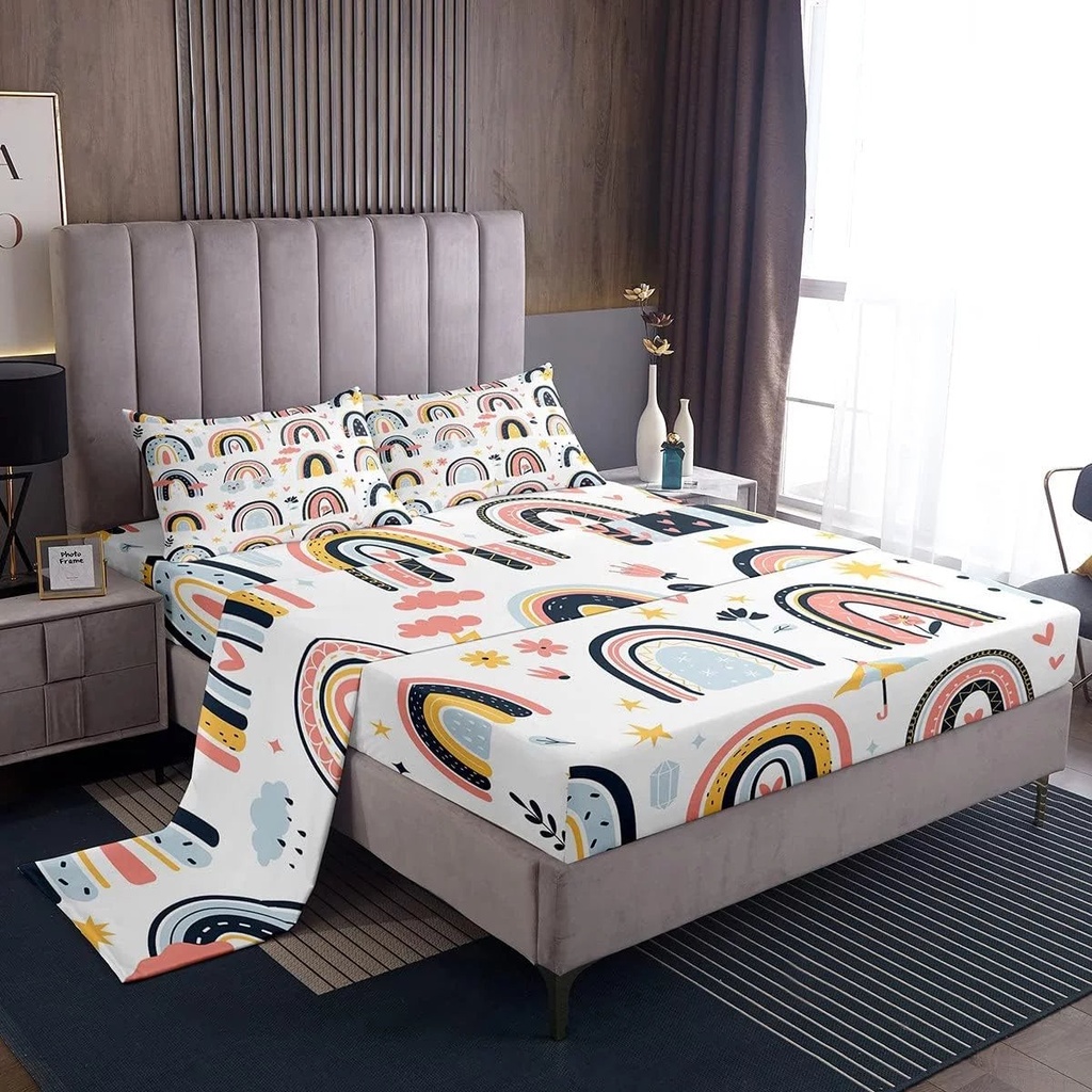 Girls Rainbow Bed Sheets Twin,Cute Cartoon Rainbow Sheets for Kids Youth Sweet Room Decor Boho Rainbows Stars Clouds Sheet Set Kawaii Pink Yellow Doodle Style Bedding Sheets & Pillowcases Sets