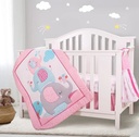 Sweet Baba 4 PC Elephant Crib Bedding Set with Comforter Fitted Sheet Crib Skirt Diaper Stacker, Pink Nursery Cot Sets for Baby Girl