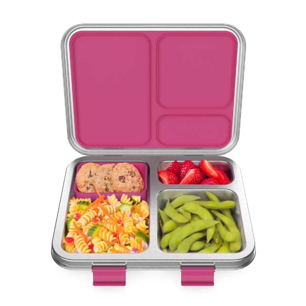 Bentgo Kids Stainless Steel Leak-Resistant Lunch Box - Bento-Style, 3 Compartments, and Bonus Silicone Container for Meals On-The-Go - Eco-Friendly, Dishwasher Safe, Bpa-Free (Fuchsia)