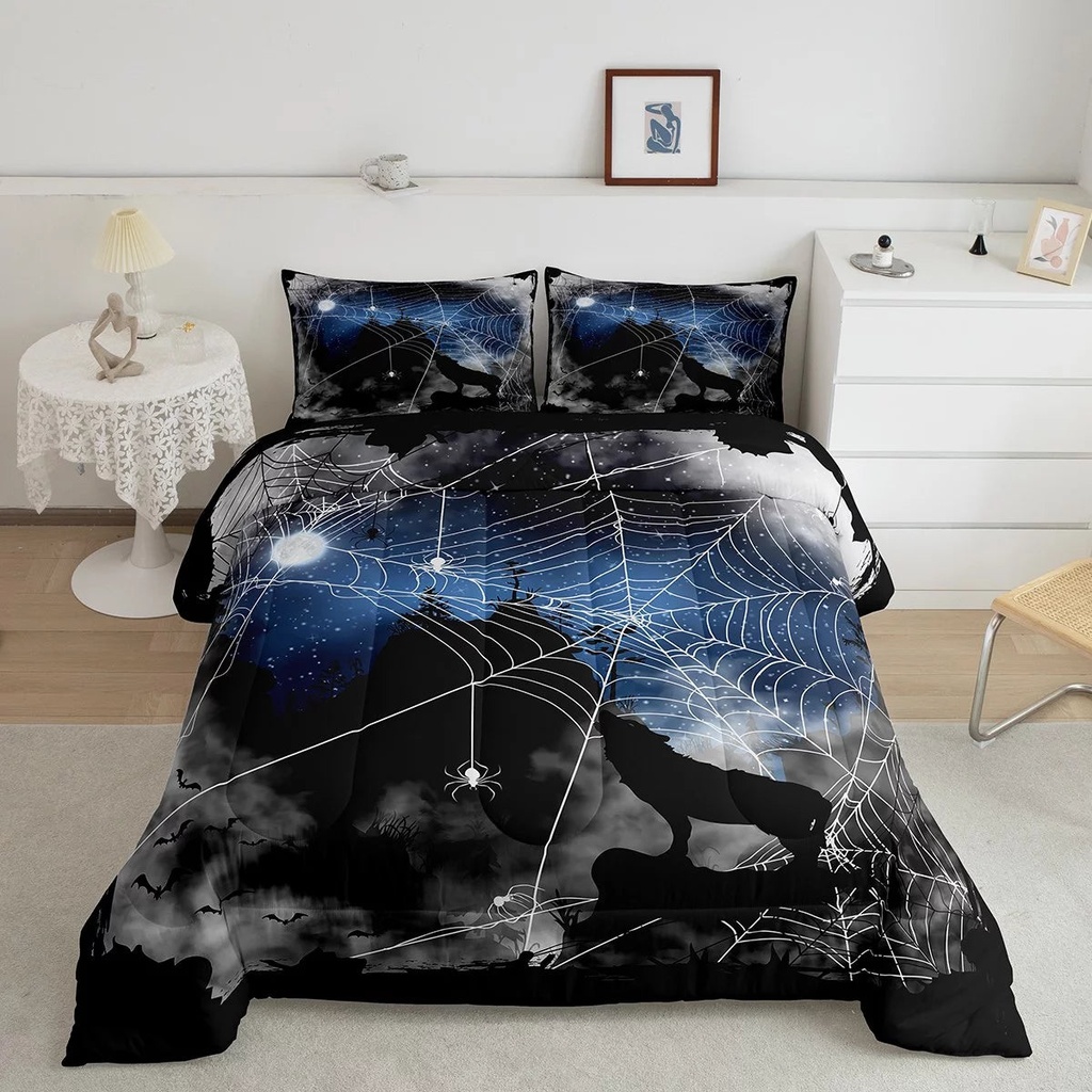 YST Wolf Silhouette Comforter Twin Psychedelic Galaxy Bedding Set, Geometric Spider Web down Comforter Safari Animal Bed Set, Black Blue Grey Quilted Duvet Luxury Bedroom Decor