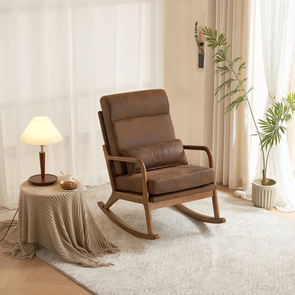 Tcbosik Upholstered Rocking Chair, High Back Rocker Chair with Belt Pillow and Wood Armrest for Reading Room, Living Room, Brown
