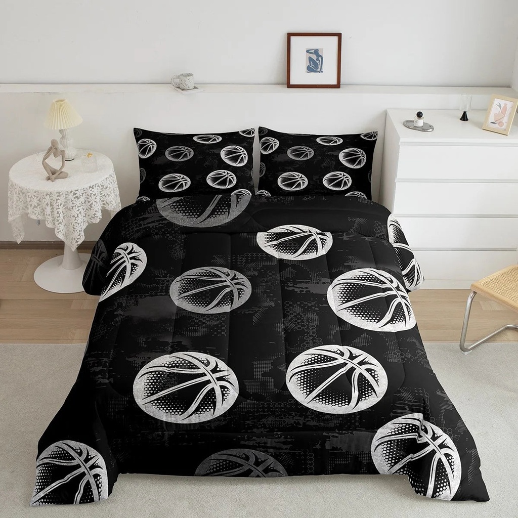 Boys Basketball Bedding Set Twin Kids Sports Comforter Set, Black Grey Duvet Insert Ball Gaming Gamer Quilt Comforter, Dark Gray Camouflage Grunge Bedding Comforters & Sets (Black Reversible)