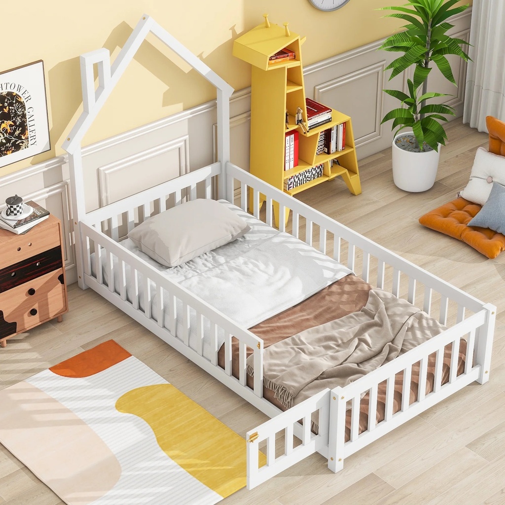 Toddler Floor Bed, BTMWAY Twin Size Wood Floor Bed with House-Shaped Headboards & Frences & No Slats Support, Twin Size Montessori Toddler Bed for Boys Girls Kids, Low to Ground Height, White