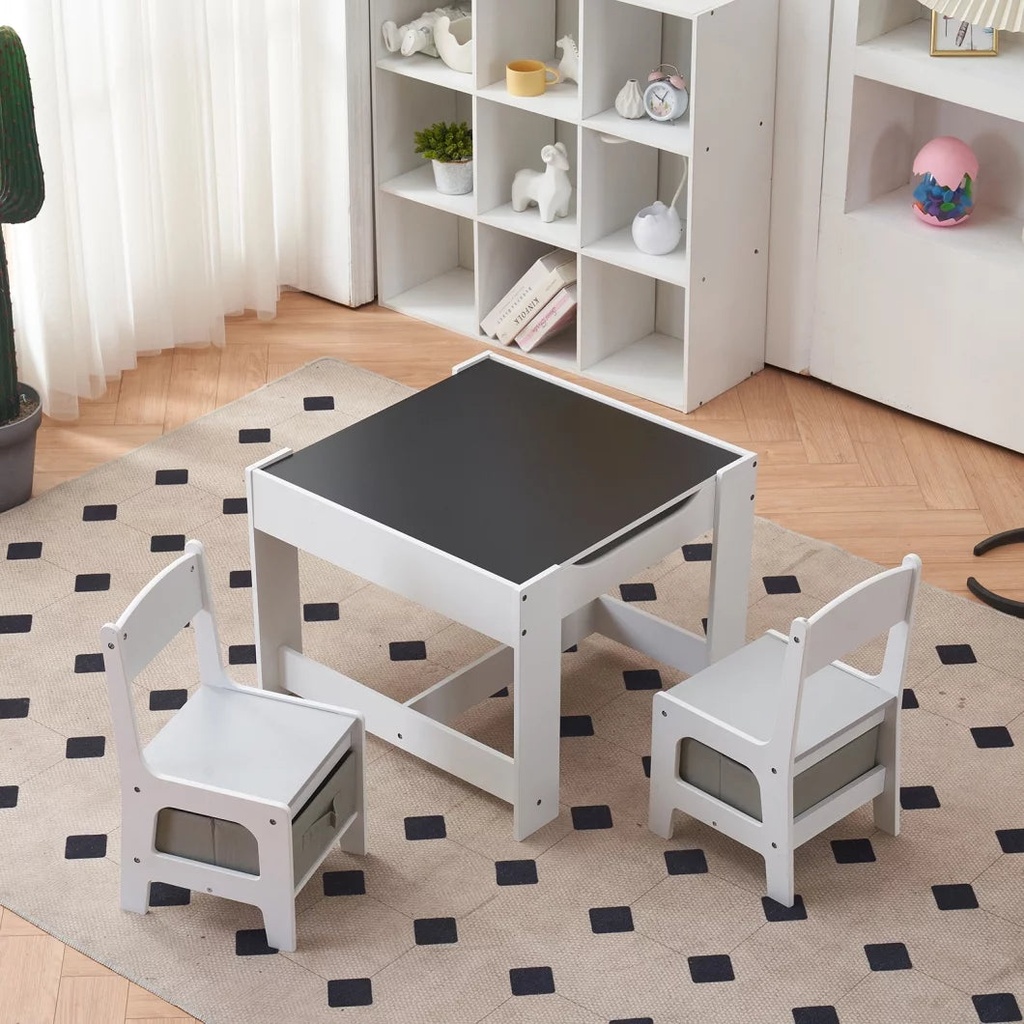 Kids Table and Chair Set,3 in 1 Wooden Toddler Table and Chair Set,Toddler Activity Table with Detachable Tabletop and 2 Storage Bags,1 Table and 2 Chairs,White