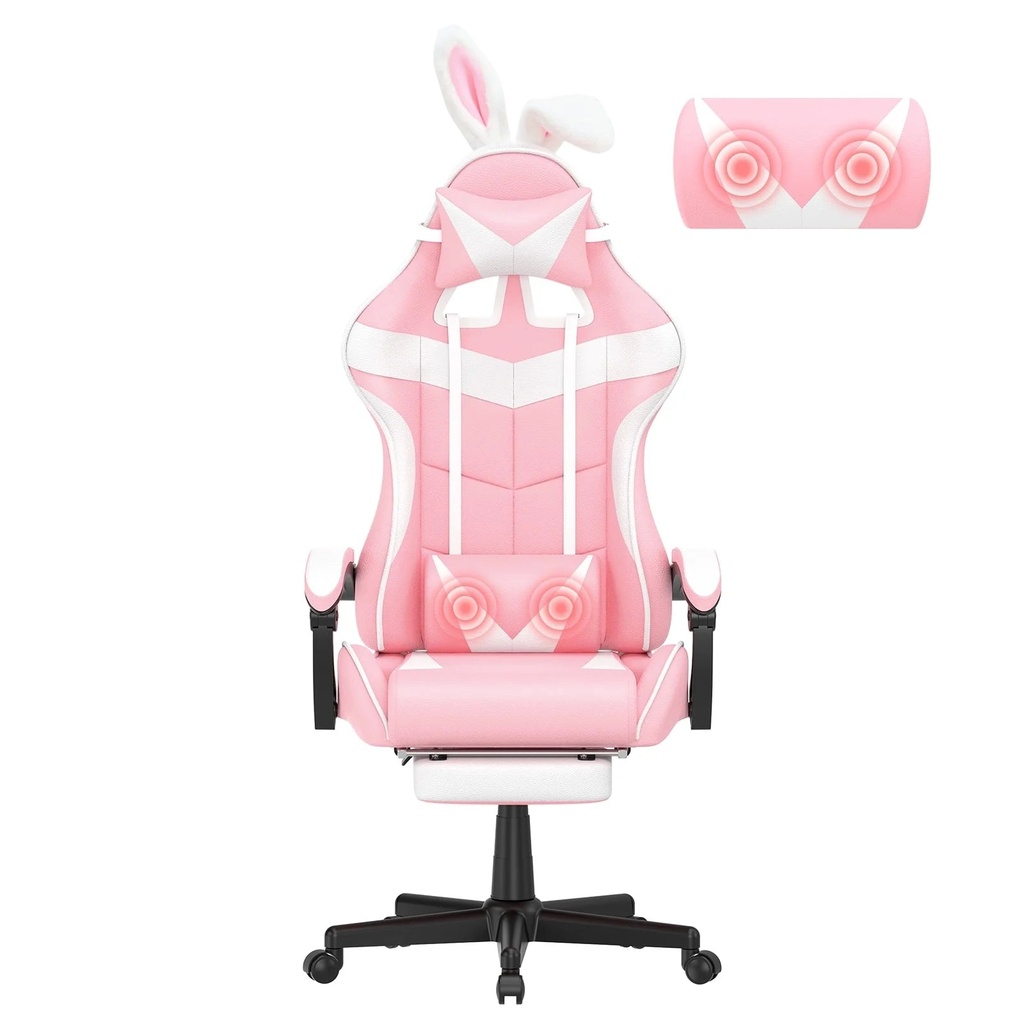 Soontrans Pink Gaming Chair with Footrest, Ergonomic Office Chair with Massage Lumbar Support with Headrest, PU Leather Game Gamer Computer Chairs with Cute Bunny Ear, Pink