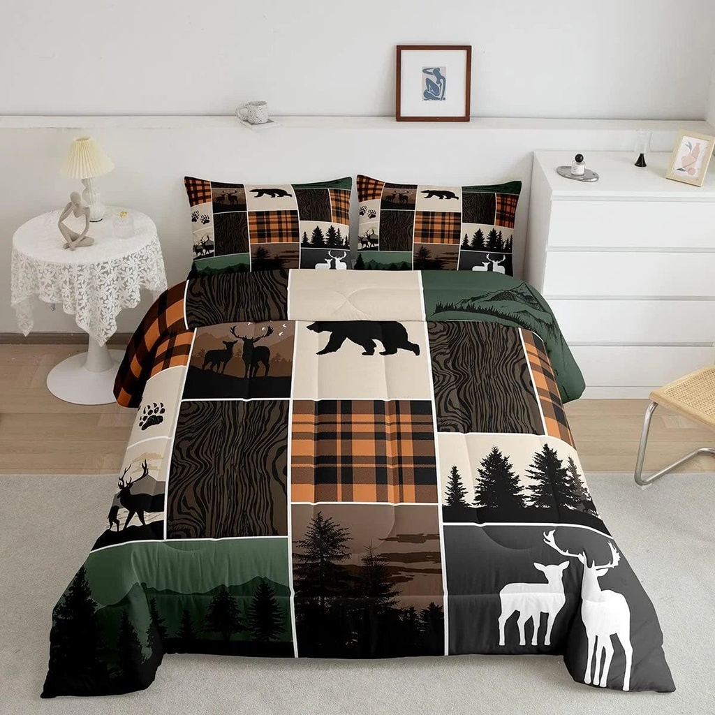Rustic Cabin Comforter Set Twin Size, Hunting Bear Deer down Comforter for Kids Teens Adult, Farmhouse Moose Quilt Vintage Plaid Tree Growth Ring Duvet Insert 2 Pcs with 1 Pillow Case, Grey Brown