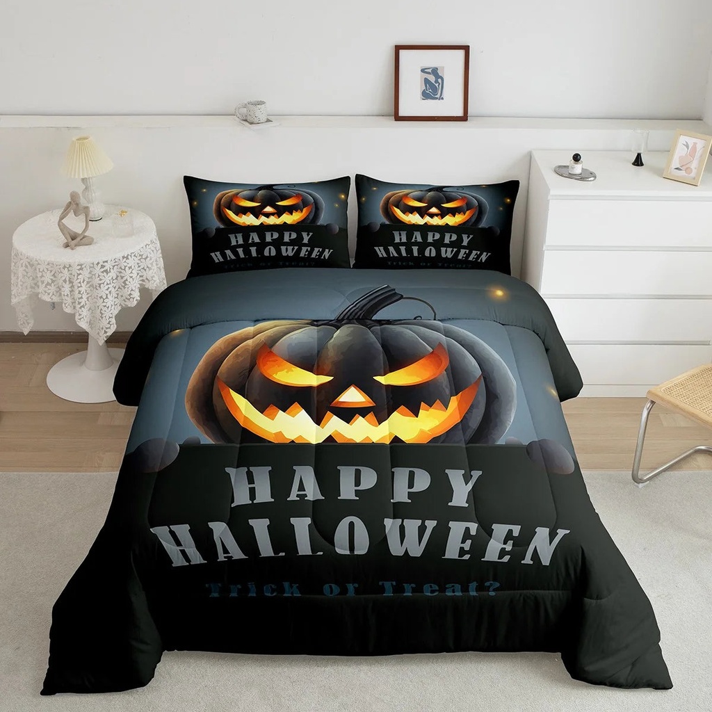 Happy Halloween Comforter Set Twin, Glowing Pumpkin Lantern Bedding, Trick or Treat Gothic Night Bedding Comforter Sets, Grey Black Horror Cartoon Bedroom Decor Gray Yellow Stars Quilt