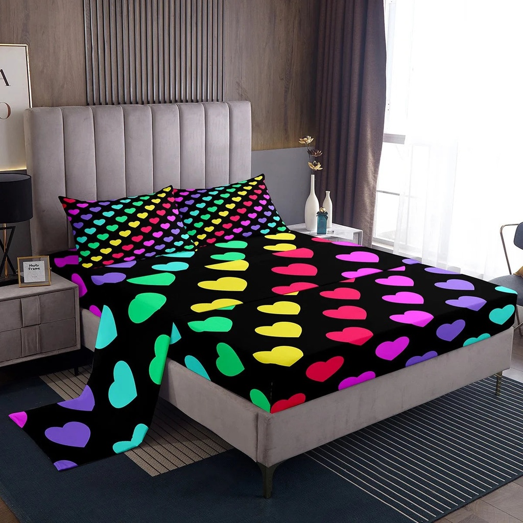 YST Girly Rainbow Twin Sheet Set for Girls Women Kawaii Heart Print Sheets, Black Pink Red Bed Set Colorful Gradient Ombre Bed Sheets Set, Teal Blue Green Yellow Fitted Sheet 3Pcs