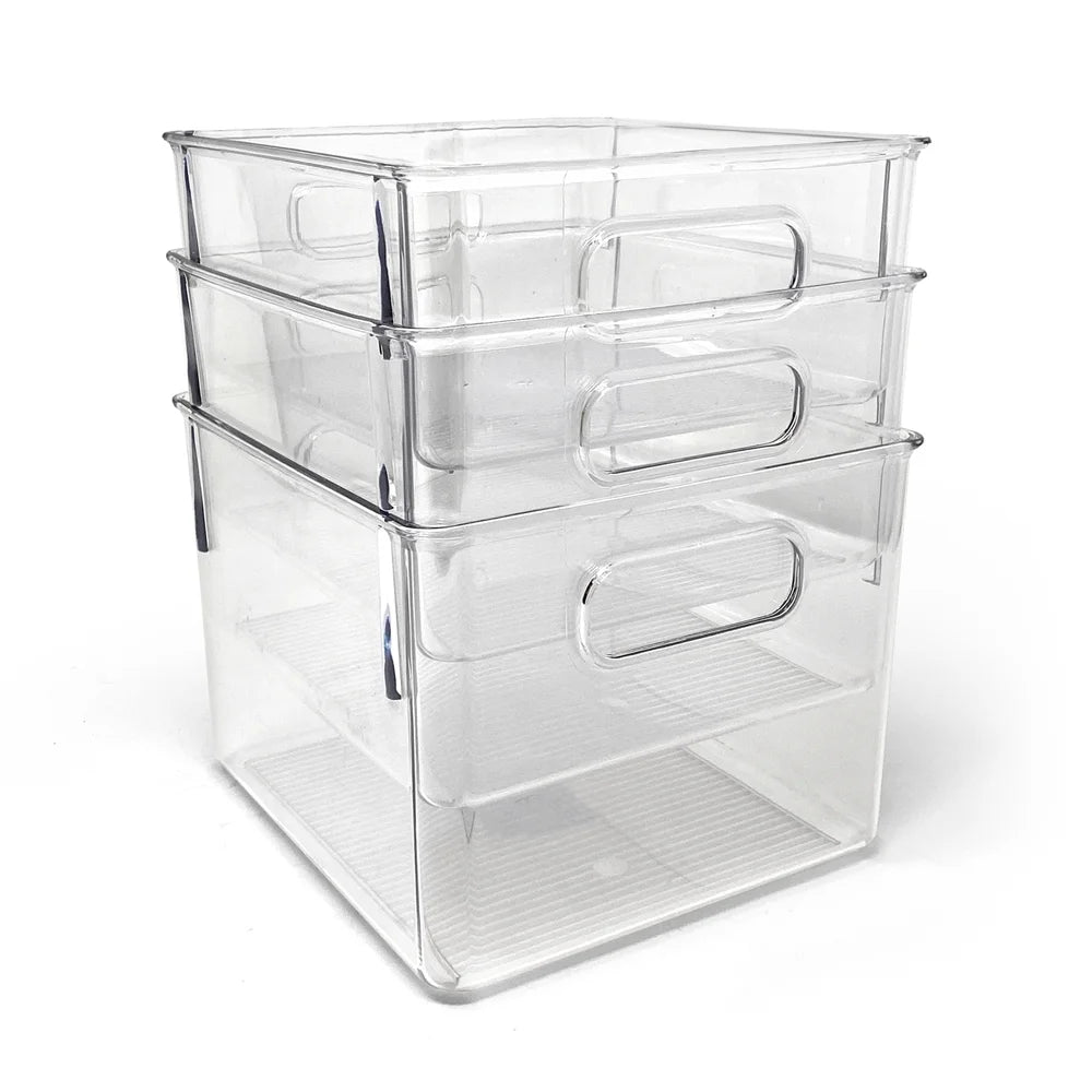 Isaac Jacobs 3-Pack Medium Clear Plastic Organizer Bins W/Handles, Food Safe, BPA Free