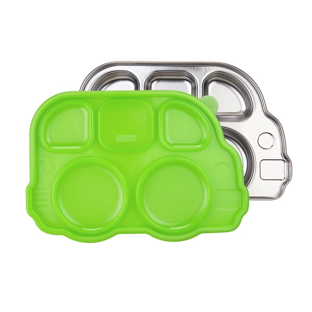 Innobaby Din Din Smart Stainless Divided Platter with Sectional Lid, Stainless Steel Divided Plate for Babies, Toddlers and Kids, BPA Free Plate - GREEN