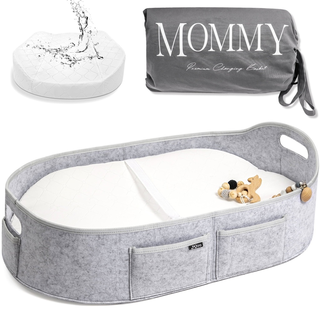 Baby Changing Basket with Contoured Foam Pad - Wipeable Waterproof Cover - Changing Pad Topper for Dresser/Table, Living Room, Portable, Moses Basket, Gray, Modern Style