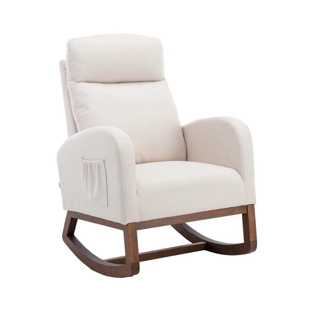 Rocking Chair Nursery with Side Pocket, Upholstered Glider Chair with High Back and Wood Legs, Accent Armchair for Living Room Bedroom, Beige