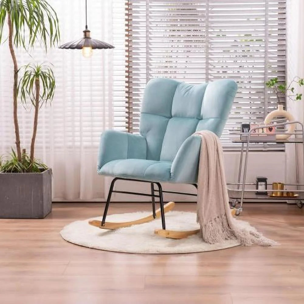 Upholstered Rocking Chair,Velvet Tufted Armchair Rocking Chair Padded Seat with Solid Wood Base, Accent Rocking Armchair for Nursery Living Room Bedroom Balcony,Light Blue