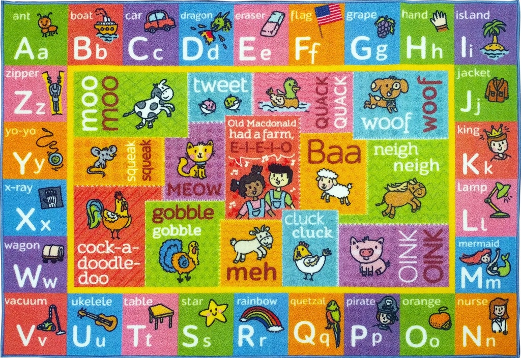KC Cubs Playtime Collection ABC Alphabet with Old Mcdonald'S Animals Educational Learning Polypropylene Kids and Children Area Rug (5'0 X 6'6)