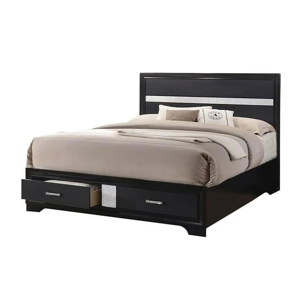 Wooden Eastern King Size Bed with 2 Storage Drawers Black and Silver - Saltoro Sherpi