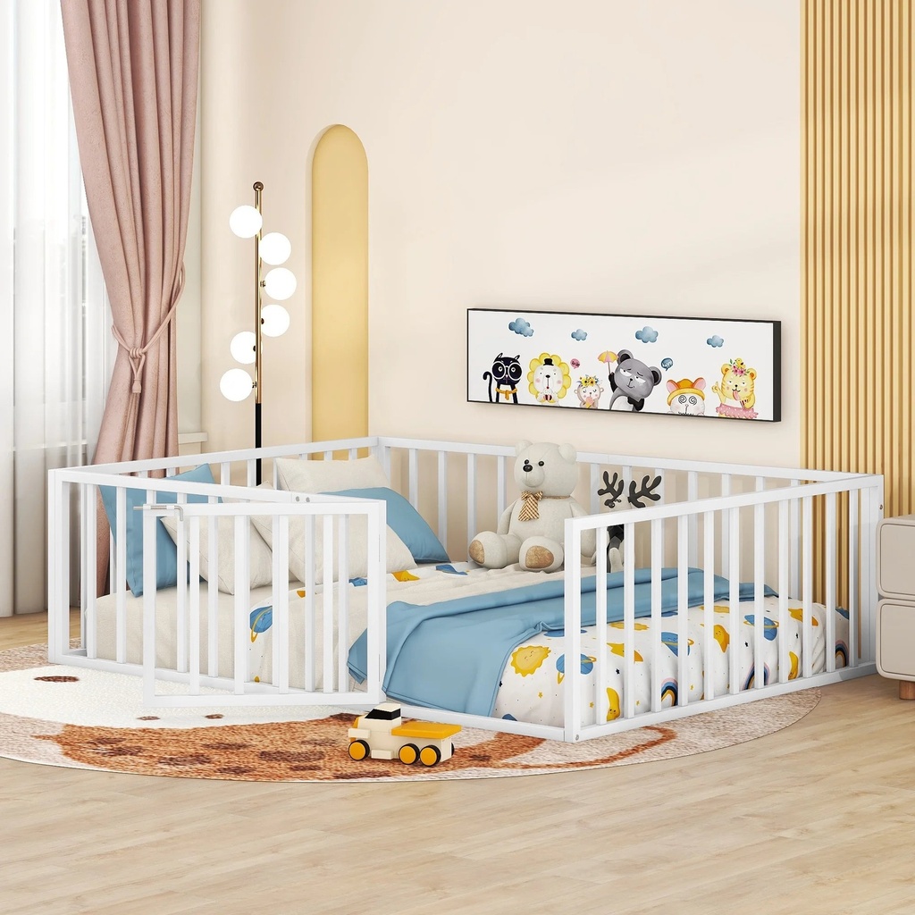 Irerts Full Floor Bed Frame, Metal Full Size Montessori Floor Bed Frame with Fence and Door, Kids Toddler Floor Bed Frame Full Size for Girls Boys, Twin Bed Frame without Bed Slats, White
