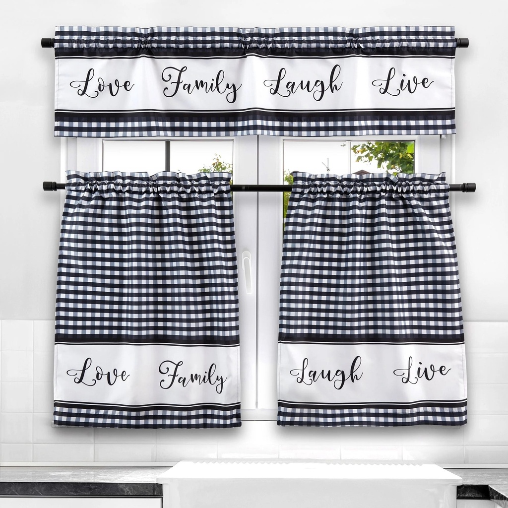 3 Piece Kitchen Curtains and Valances Set for Windows Room, Love Family, Laugh, Live Home Décor (Black and White)