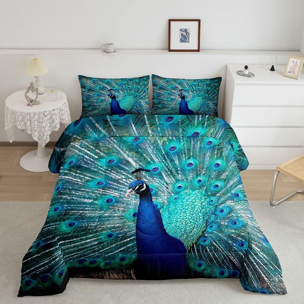 YST Peacock Bedding Set Twin Size Teal Cute Animal Pattern Comforter Set Peacock Feather Printed Decor Duvet Filler Adult Women Soft Quilted Duvet