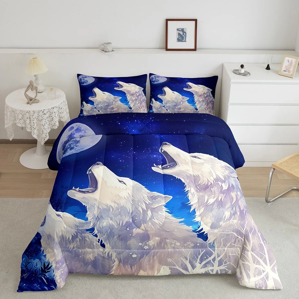 Howling Wolf Comforter Set for Kids Boys Teens, Galaxy Moon Twin Bed Comforter Set for Teen Boys White Wolves Pattern Decor Bedding (1 Comforter + 1 Pillow Case), Blue Moonlight Stars Wolf