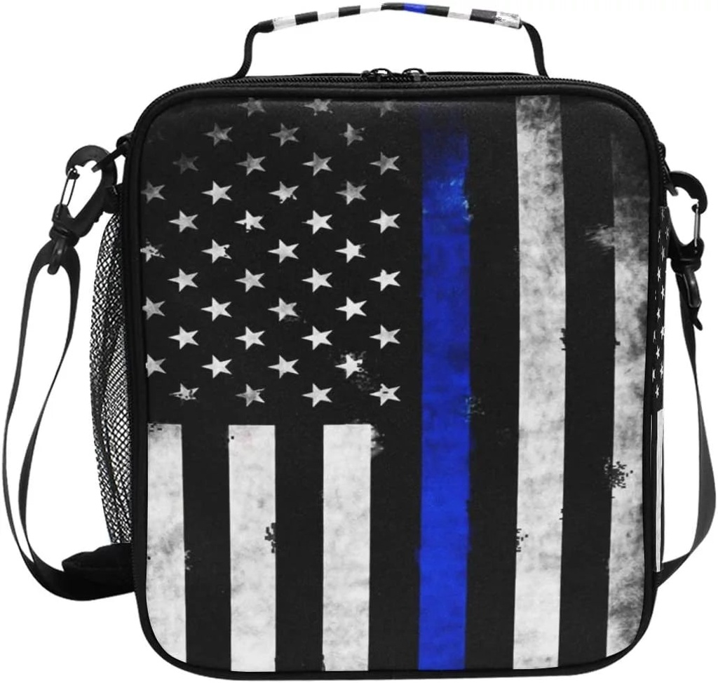 Lunch Box Retro Thin Blue Line Insulated Lunch Bag Large Freezable Lunch Boxes Cooler Meal Prep Lunch Tote with Shoulder Strap for Men/Women/Kids/Boys/Girls