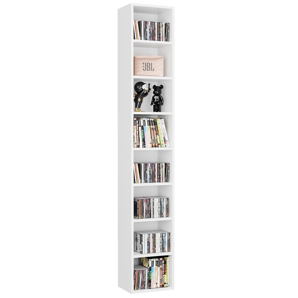 Homfa 8-Tier Media Tower, CD DVD Media Storage Unit with 4 Adjustable and 3 Fixed Shelves for Living Room Bedroom, White