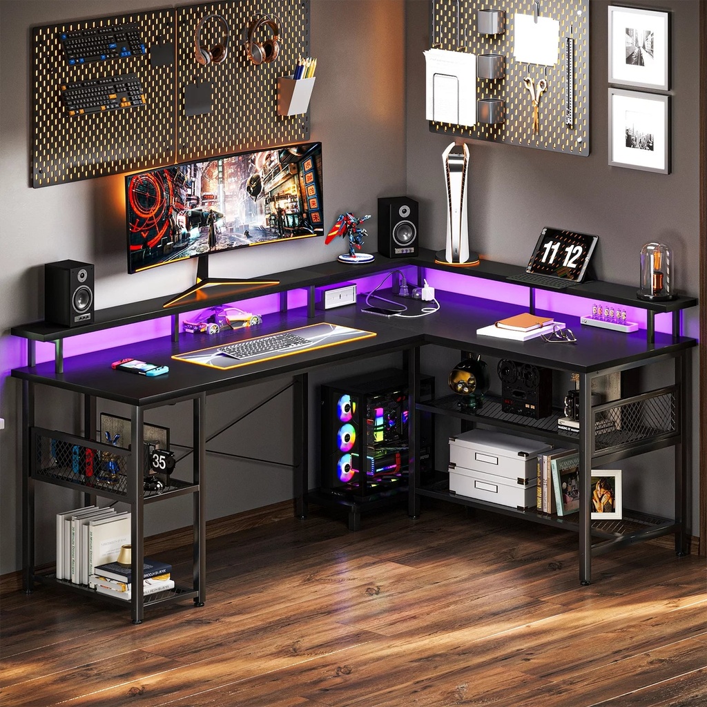 Reversible 59 Inch L Shaped Computer Desk with LED Lights & Power Outlet, Gaming Table with Full Monitor Stand, Corner Desk with Storage Shelves, Black