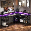 Reversible 59 Inch L Shaped Computer Desk with LED Lights & Power Outlet, Gaming Table with Full Monitor Stand, Corner Desk with Storage Shelves, Black