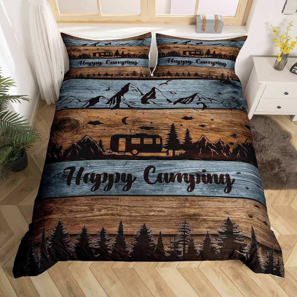 Happy Camping Comforter Cover Twin Camper Bedding Set for Kids Adults,Rv Accessories Duvet Cover for Travel Trailers Rustic Farmhouse Wooden Board Bed Set Mountain Pine Trees Decor,1 Pillow Case