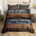 Happy Camping Comforter Cover Twin Camper Bedding Set for Kids Adults,Rv Accessories Duvet Cover for Travel Trailers Rustic Farmhouse Wooden Board Bed Set Mountain Pine Trees Decor,1 Pillow Case