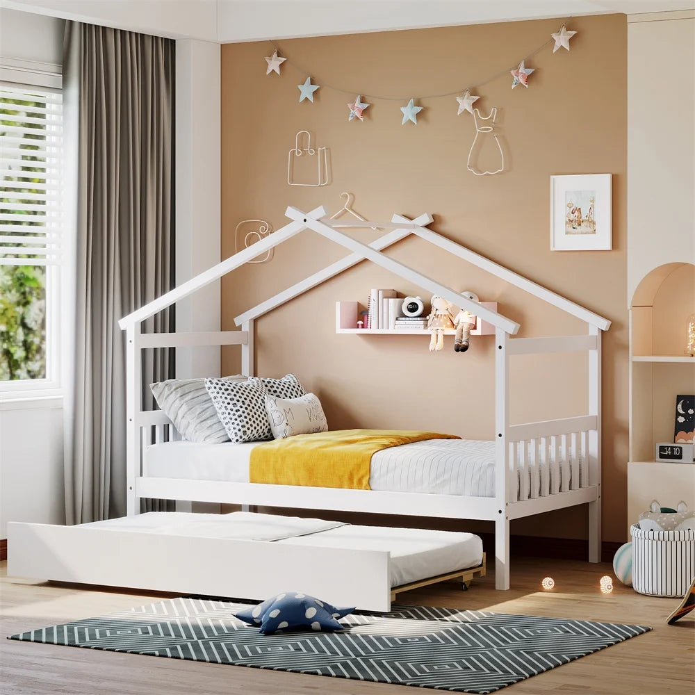 Twin Size House Bed with Twin Size Trundle, Wooden Platform Bed Frame with 10 Sturdy Slats Support Playhouse Montessori Bed Frame Floor Bed for Kids Toddlers Teens, No Box Spring Needed, White